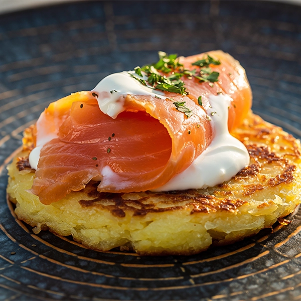 Smoked Salmon on Potato Cakes with Natural Yoghurt